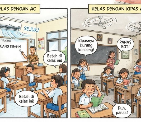 Fasilitas Sekolah Adalah “Alat Pembebas” Bukan “Sekat Pemisah” Foto: Gambar Ilustrasi Ruangan Kelas ber-ac dengan Ruangan Kelas yang Memalkai Kipas Angin